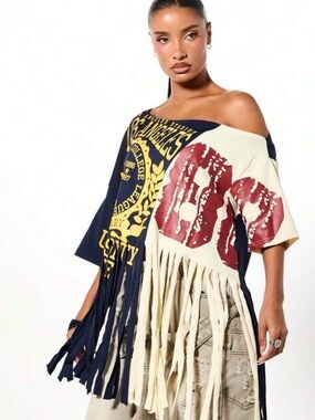 Fringed Off-Shoulder Graphic Dress - Navy, Cream & Red